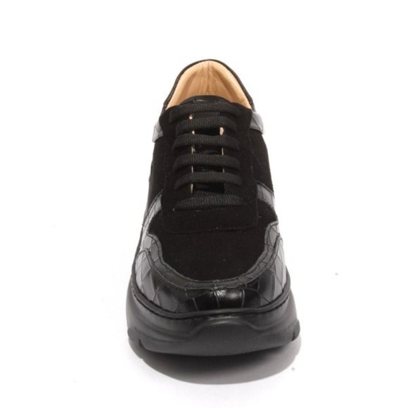 ITALIAN Black Leather Suede Lace-Up Sneaker Shoes - Picture 7 of 8